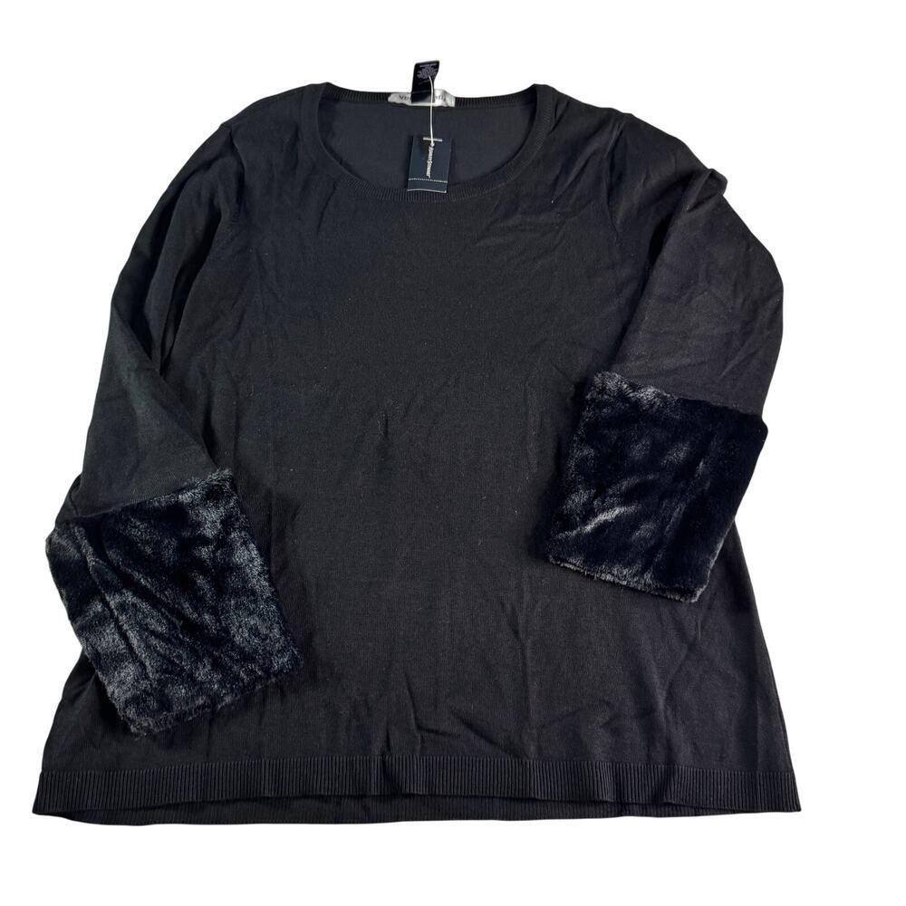 Ashley Stewart Sweater 18/20 Black Faux Fur Cuff Soft Knit Plus Size Top